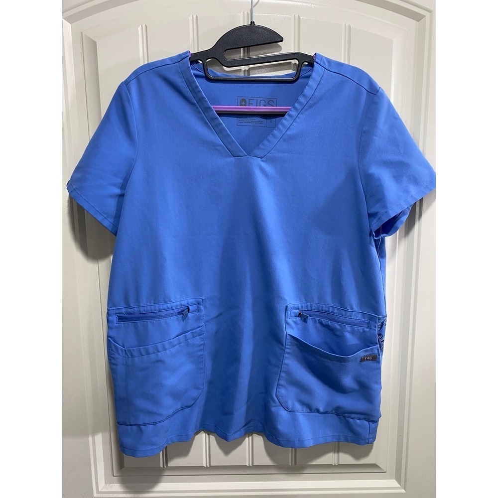 FIGS Accra Feather Fabric Trim Scrub Top W19SW1001 Size S Blue Medical Nursing